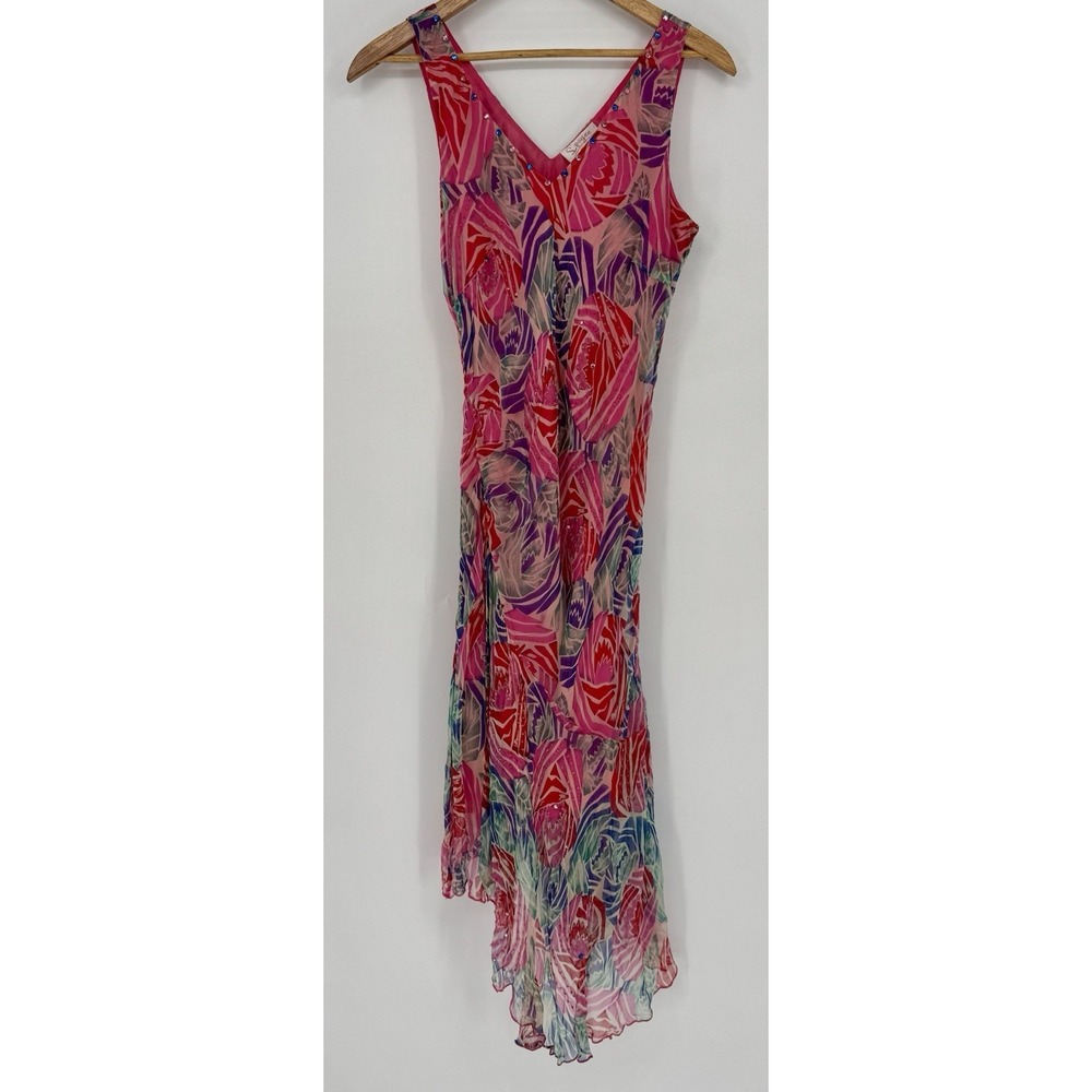 L'Pogee World Over Dress V-Neck Rhinestone Abstract Floral Y2K Boho Asymmetric L